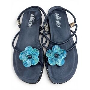Alegria Thong Sandals Navy Blue Leather‎ Floral Applique Studded Trim 40